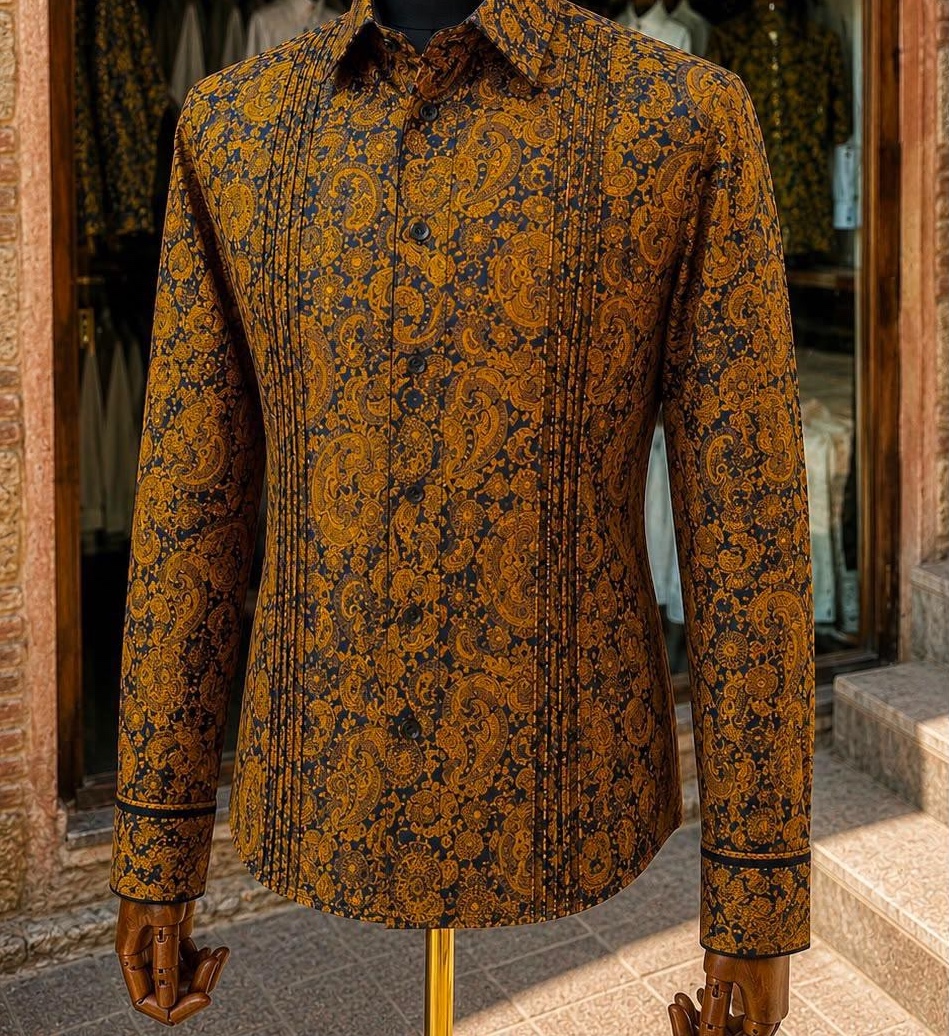 Men’s ochre and black paisley shirt