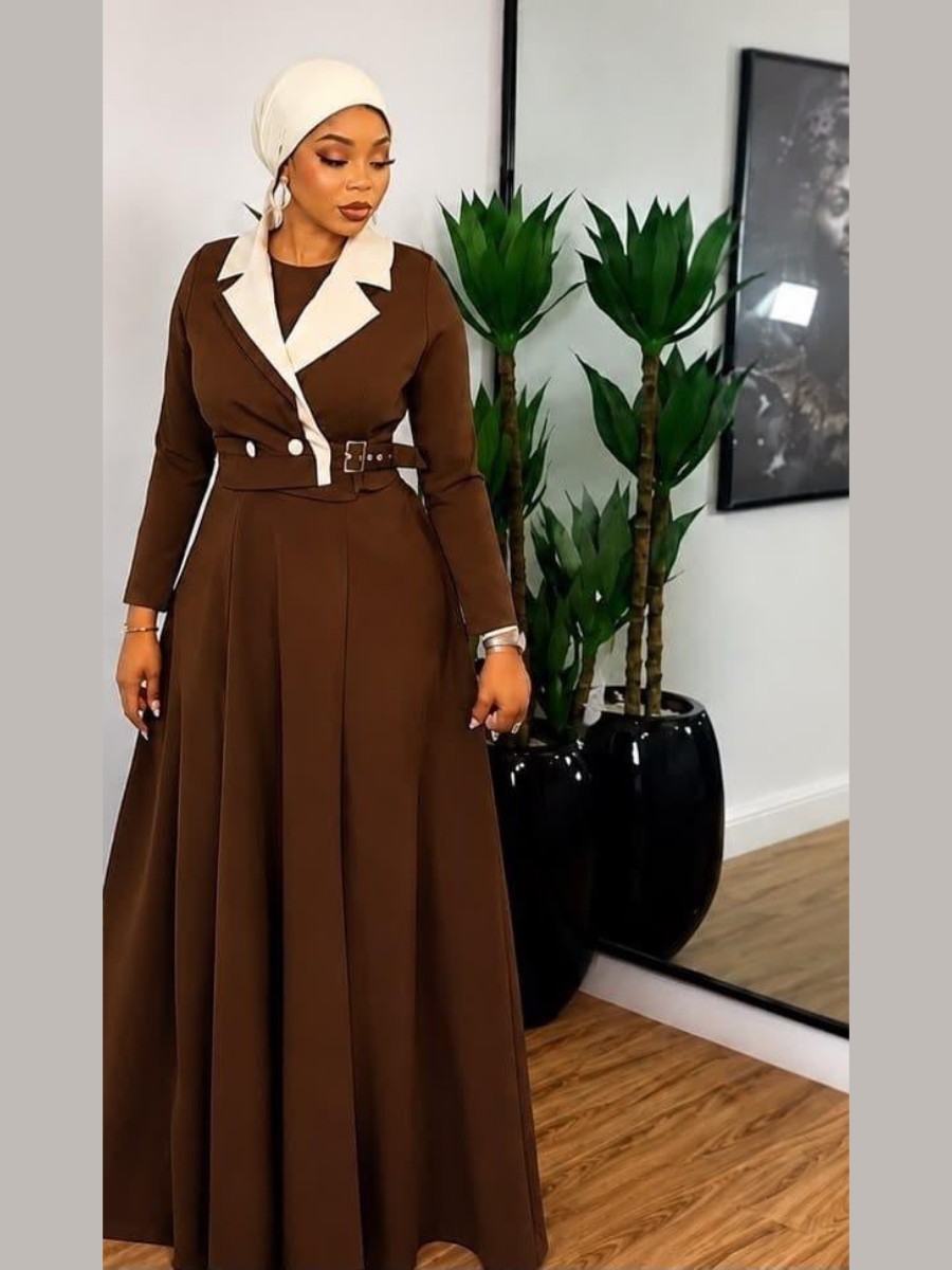 Manteau-robe cacao à col châle ivoire