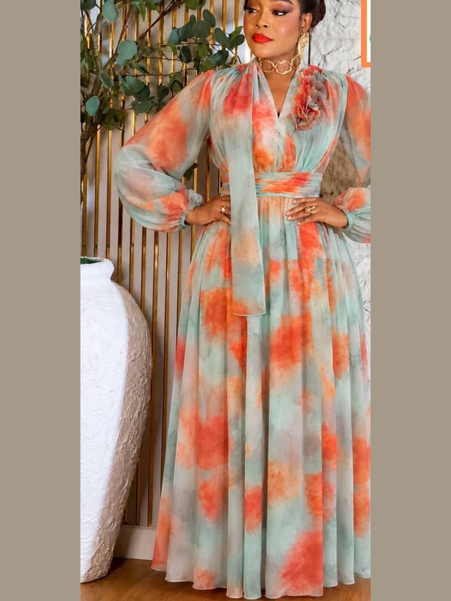 Robe longue en mousseline aquarelle menthe et corail