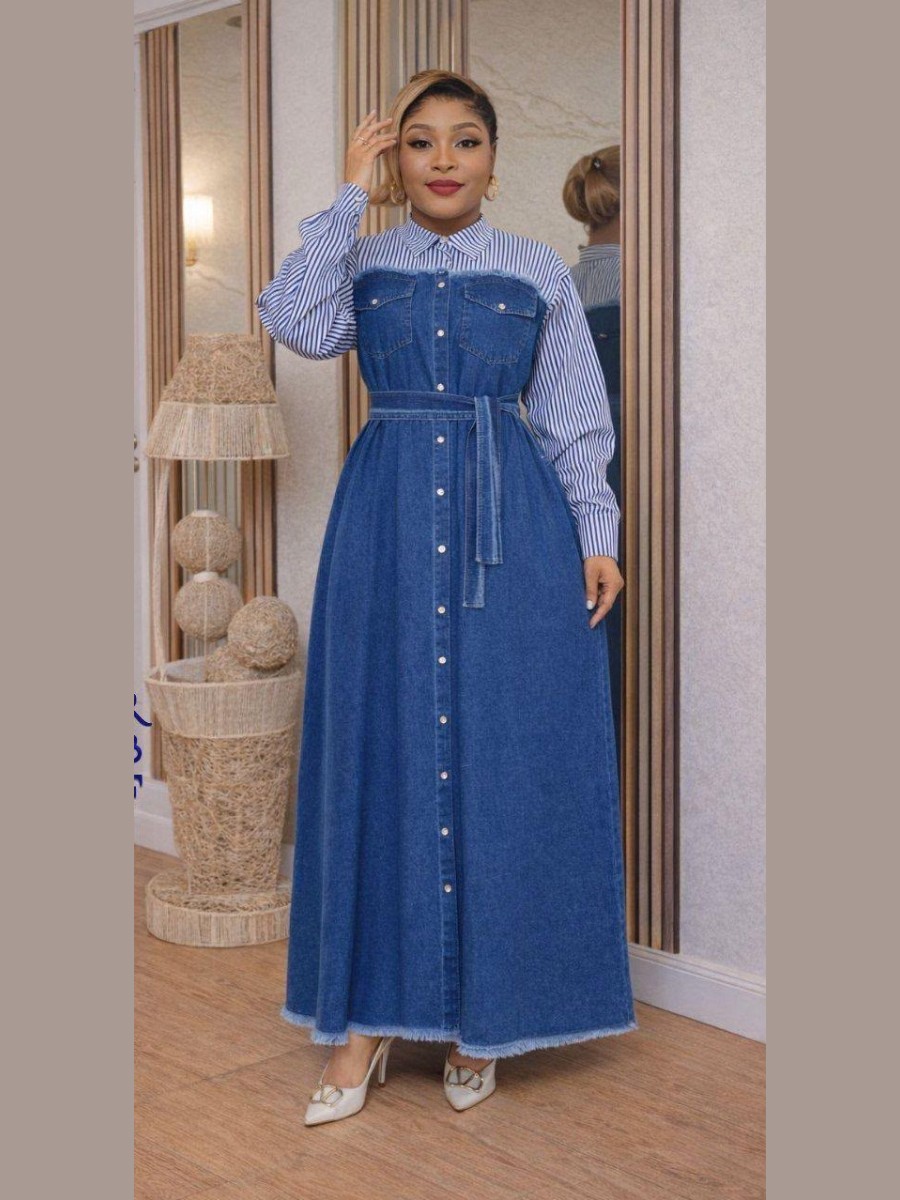 Robe chemise en denim à empiècement rayé