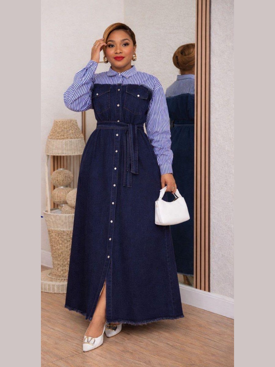 Robe chemise en denim marine à empiècement rayé