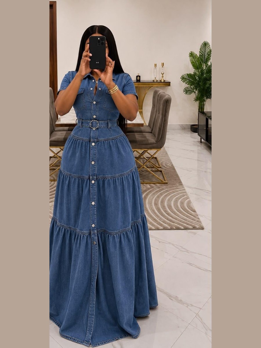 Robe longue en denim à volants étagés
