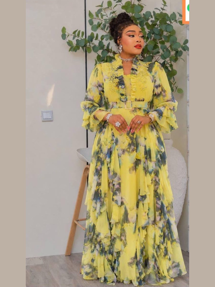 Robe longue en mousseline à fleurs anis