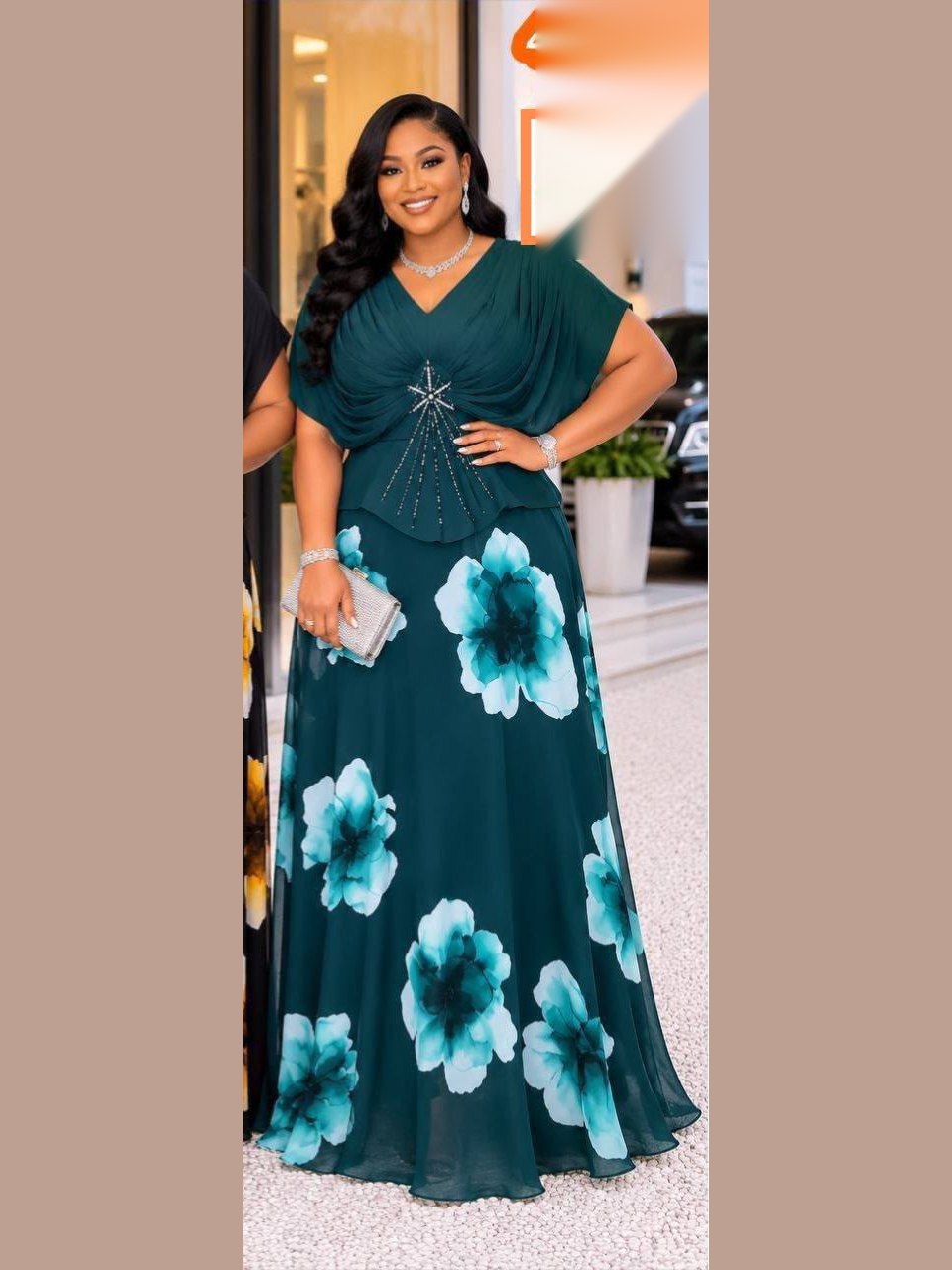 Robe Fleurs Manches Chauve-Souris Turquoise — turquoise