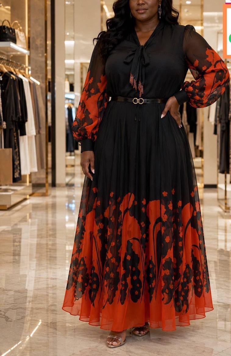 Robe longue en mousseline noire à motif flamme